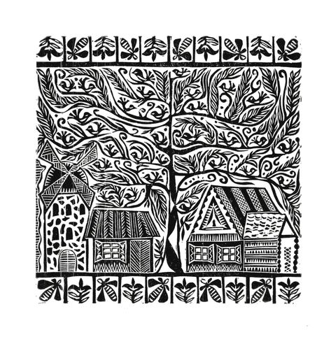 Lithuanian Folk Art, Folk Bird, Sun Beams, Alder Tree, Silver Wreath, Symbol Of Freedom, Black And White Tree, Wooden Bird, Lino Print