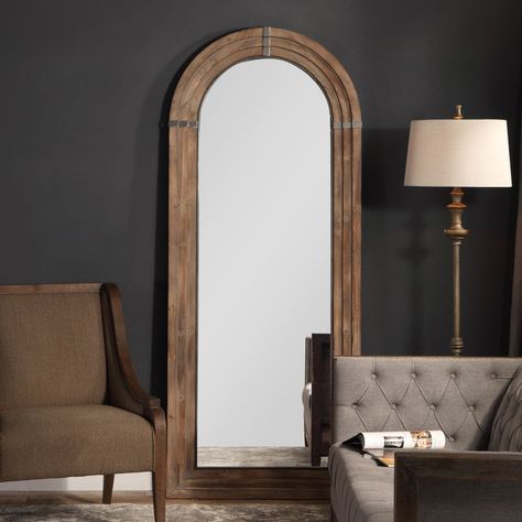 Uttermost Vasari Wooden Arch Leaning Floor Mirror - 33.5W x 82H in. Wood Full Length Mirror, Leaning Floor Mirror, Arched Floor Mirror, Arch Floor Mirror, Modern Floor Mirrors, Arch Frame, Floor Length Mirror, Iron Straps, Uttermost Mirrors