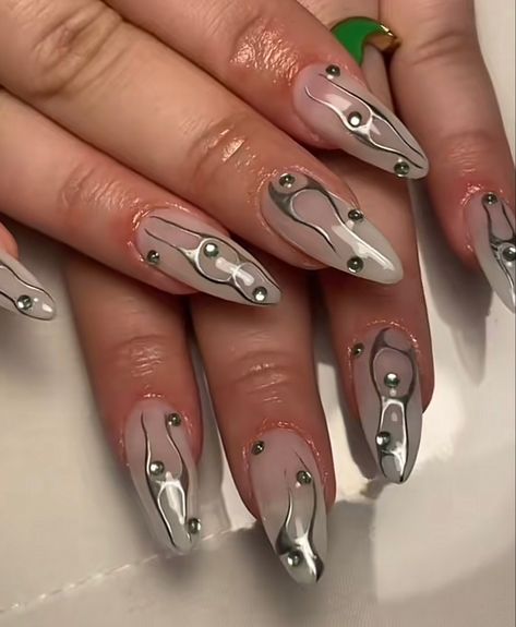 Cybersigilism Nails, Acrylics Ideas, Silver Nail Designs, Press Ons, Hair Clothes, Silver Nails, Prom Nails, Dream Nails, Fire Nails