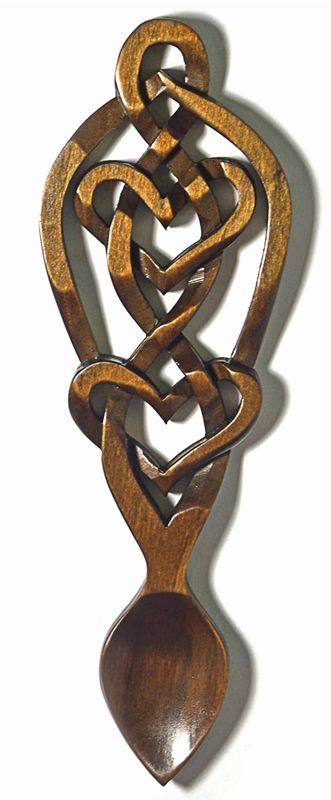 The Celtic knotwork on this spoon is extremely difficult to carve because of its intricacy. The knotwork binds the hearts together, and also conveys the concept of everlasting love. Welsh Love Spoons, Love Spoons, Celtic Knotwork, Everlasting Love, Hanging Ornaments, Bottle Opener, Carving