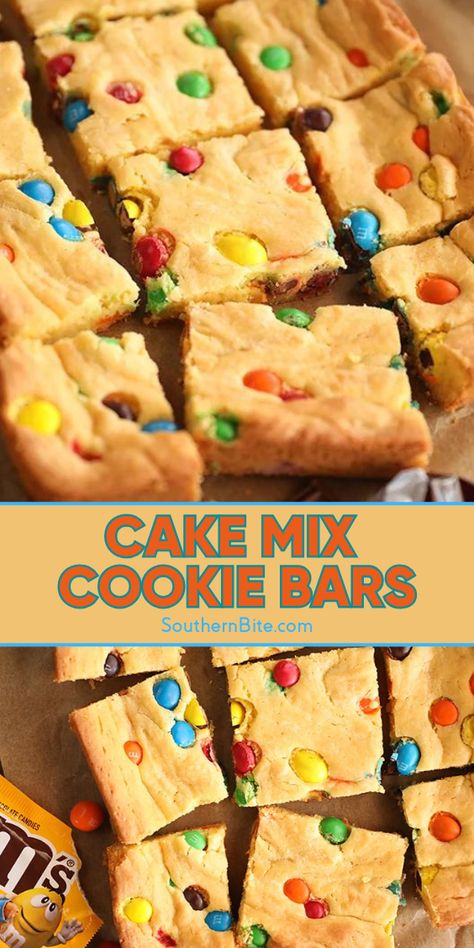 Need an easy dessert fix? Our step-by-step guide to creating Cake Mix Cookie Bars is just what you need! With only 6 ingredients and your favorite candy mix-ins, you'll have the perfect fall treat ready in no time! Cake Mix Bars, Easy Delicious Cakes, Cake Mix Cookie, Cake Mix Cookie Bars, Recipes Using Cake Mix, Cookie Bars Easy, Cake Mix Desserts, Leftover Halloween Candy, Boxed Cake