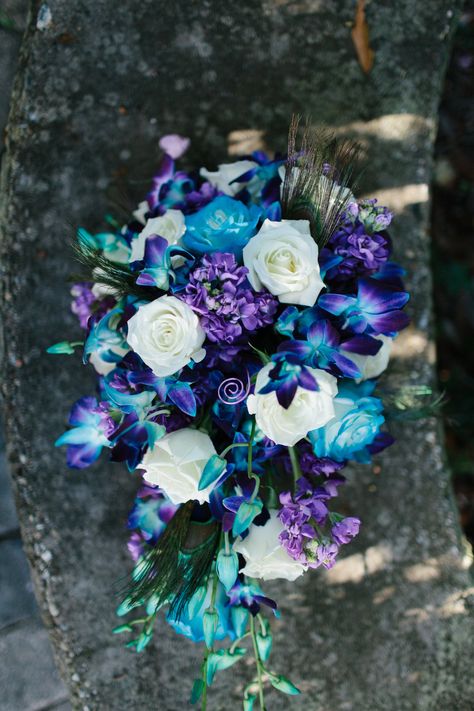 Peacock bouquet photography Regalo Wedding bouquet roses blue bomb orchids purple blue and ivory Peacock Wedding Flowers, Blue Purple Wedding, Galaxy Wedding, Green Wedding Flowers, Bouquet Photography, Purple Wedding Theme, Blue Wedding Bouquet, Blue And Purple Flowers, Orchid Wedding