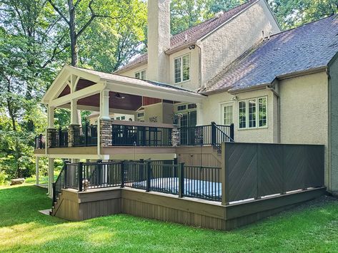 Heritage Porch / TimberTech Pool Deck - Chester Springs, PA | 1707 Sq Ft | Keystone Custom Decks Two Level Deck, Deck Addition, Tub Deck, Deck Remodel, Tiered Deck, Big Deck, Outdoor Living Space Design, Backyard Layout, Deck Pictures