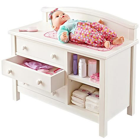 Built to complement the matching bed and doll chair, this stylish changing table will delight your aspiring parent-to-be while providing a much needed diaper change for their dolls.  Featured in WOOD Issue 230, December/January 2014/2015 Doll Changing Table, Woodworking Plans Patterns, Outdoor Woodworking Projects, Table Woodworking, Baby Doll Nursery, Doll Crib, Doll Nursery, Wood Toys Plans, Woodworking Bed