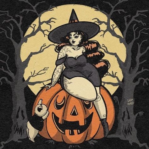 Plus Size Pinup Art, Halloween Pin Up Art, Halloween Witch Drawing, Halloween Pinup Art, Halloween Pin Up, Witch Drawing, Plus Size Art, Fat Art, Halloween Everyday