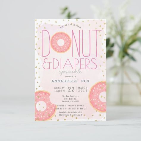 Donut & Diapers Sprinkle Pink Gold Baby Shower Invitation Baby Shower Pink And Gold, Pink And Gold Invitations, Sprinkle Baby Shower Invitations, Green Baby Shower Invitations, Pink Gold Baby Shower, Sprinkle Shower, Baby Shower Pink, Baby Sprinkle Invitations