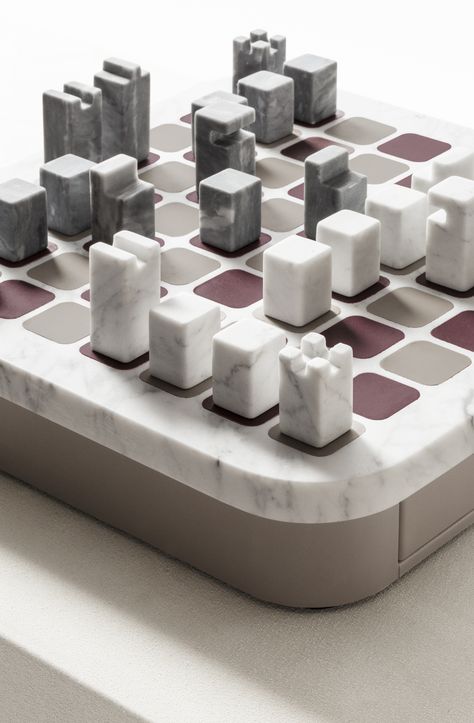 Marble and leather chess set by Italian label, Giobagnara. Premium marble board, chess pieces, nappa leather-covered drawer. 13.6" W x 13.6" D x 2.8" H Diy Chess Set, Marble Pieces, Luxury Chess Sets, Marble Chess Set, Marble Games, Marble Board, Chess Club, Chess Sets, Backdrop Design