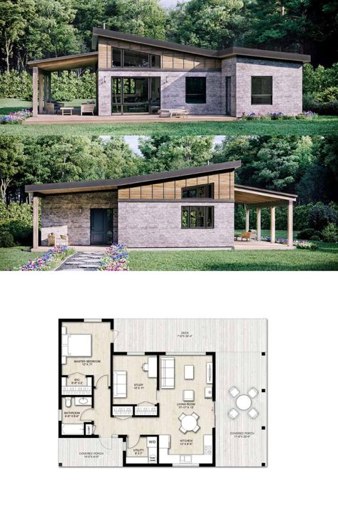 Modern House Plans - Truoba Mini 615 House plan Small Modern Home Floor Plans, Modern Tiny House Floor Plans, Small Mid Century House Plans, Open Plan House Design Layout, American House Layout, Small Modern House Design Exterior Simple, Modern House One Floor, Mid Century Floor Plans, Best House Plans Layout