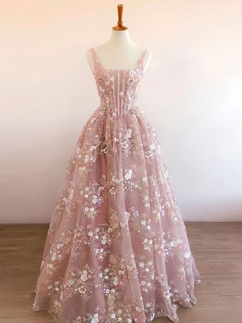 Xxs Prom Dresses, Pink Enchanted Dress, Light Pink Prom Dress Long Simple, Medium Prom Dresses, Elegant Pink Gown, Prom Flower Dress, Short Pink Dress Aesthetic, Pink Dress Aesthetic Casual, Floral Grad Dress