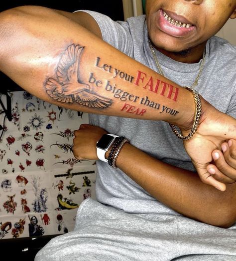 Let Your Faith Be Bigger Tattoo Men, Back Of The Forearm Tattoo Men, Meaningful Arm Sleeve Tattoo For Men, Rodriguez Tattoo Name On Arm, Wise Tattoos, What Ever It Takes Tattoo, Men Tattoo Ideas Quotes, Four Arm Tattoos For Guys, Tattoos For Your Forearm