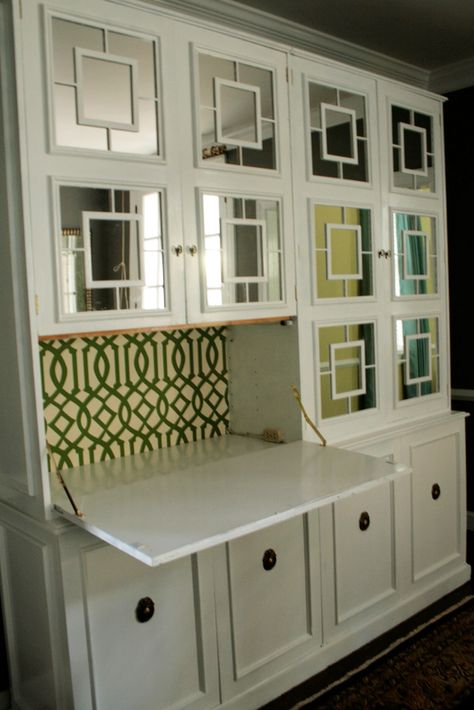 Microwave Cubby, Wallpaper Accents, Mirror Armoire, Trellis Stencil, Applied Molding, Drop Down Desk, Fold Down Desk, Mirror Doors, Awesome Furniture