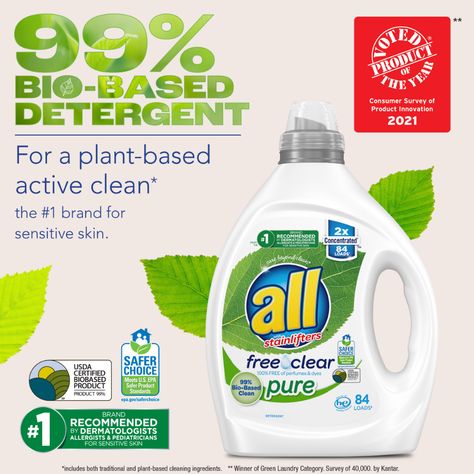 Amazon.com: all: all Free Clear Detergent Product, Green Laundry, Liquid Laundry Detergent, Clean Ingredients, Consumer Products, Laundry Detergent, Dish Soap Bottle, Cleaning Supplies, Plant Based