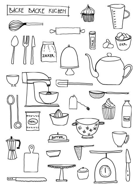 Kitchen Items Drawing, Dainty Illustration, Basic Doodles, Baking Doodles, Kitchen Doodles, Journaling Doodles, Sketch Note, Basic Kitchen, Sketch Notes