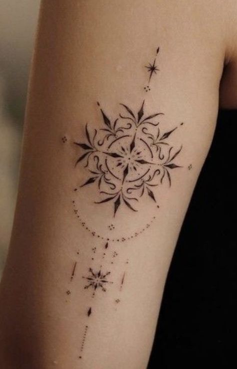 Delicate Compass Tattoo, Tattoos Elegant, Small Dainty Tattoos, Butterfly With Flowers Tattoo, Dainty Tattoo, Lace Tattoo Design, Dot Tattoos, Ornamental Tattoo, Hummingbird Tattoo