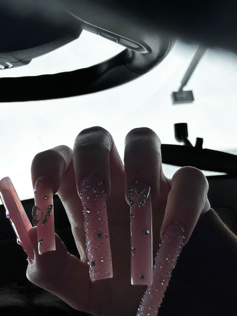 Xl Glitter Acrylic Nails, Black Nails With Pink Rhinestones, Pixie Crystals Nails, Pixie Nails Crystal, Baddie Nails Gems, Pink Pixie Nails, 17 Birthday Nails Acrylic, Long Pink Acrylic Nails With Diamonds, Long Girly Nails