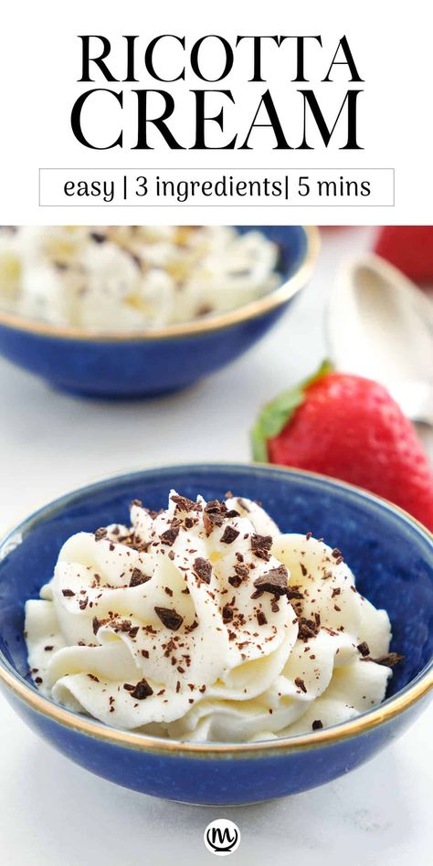 This fresh melt-in-your-mouth ricotta cream uses only 3 ingredients, it's ready in minutes and pairs beautifully with berries or shortbread cookies. #ricottarecipes #easydesserts #quickdesserts #nobakedesserts Ricotta Cheese Recipes Dessert, Ricotta Cheese Desserts, Ricotta Recipes Dessert, Recipe Using Ricotta, Ricotta Dessert, Ricotta Cream, Heathy Snack, Ricotta Cheese Recipes, Baked Ricotta