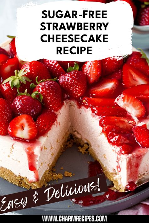 Enjoy a luscious Sugar-Free Strawberry Cheesecake that's simple, delicious, and creamy! This No-Bake dessert is perfect for those who want to satisfy their sweet tooth while keeping their calorie count down. With natural sweeteners and fresh strawberries, it delivers a delightful taste without the sugar. Ideal for gatherings, celebrations, or just a cozy night in, this cheesecake promises to impress without the guilt. Experience an easy kitchen creation designed for health-conscious dessert lovers everywhere! No Sugar Cheesecake Recipes, Healthy Cheesecake Recipes No Bake, No Sugar Cheesecake, Low Sugar Cheesecake, Low Sugar Desserts Easy, Low Cholesterol Cheesecake, Sugar Free Cheesecake Recipe, Less Sugar Desserts, Low Fat Cheesecake Recipes