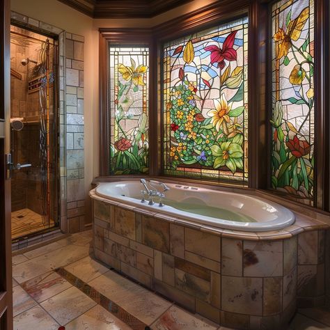 Transform your bathroom into a tranquil haven with nature-inspired stained glass windows. Vibrant leaves, flowers, and birds create a calming ambiance, inviting moments of serene contemplation amidst daily routines. Conceptual AI Art Follow @ecosapiens for more! Painting On Glass Windows, Stain Glass Window Art, Window Stained, Glass Window Art, Aesthetic Bathroom, Glass Bathroom, Mediterranean Homes, Dream Living, Daily Routines