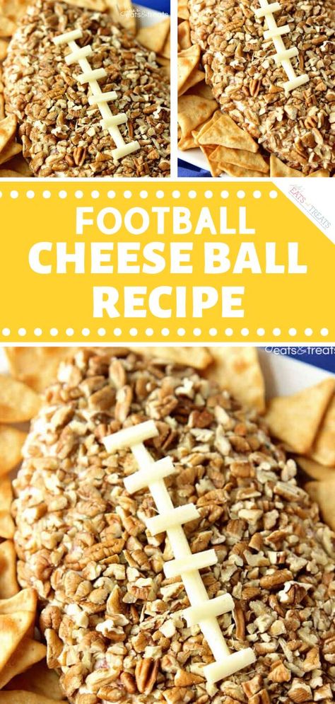 Football Cheese Ball Recipe makes a fun snack! This easy Super Bowl appetizer is shaped liked a football and topped with pecans. Serve this game day finger food with any cracker or chip. The perfect football party food for a crowd! Save this Super Bowl party food idea! Football Cheese Ball, Football Dessert, Superbowl Party Food Easy, Party Food Easy Appetizers, Easy Super Bowl, Cheese Ball Recipe, Healthy Superbowl Snacks, Bowl Party Food, Superbowl Appetizers