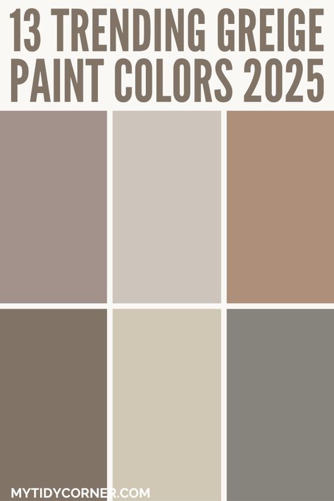 Collage of popular greige paint colors. Hazelnut Paint Color, Harvest Brown Paint Behr, Taupe Paint Bedroom, Greyish Brown Paint Colors, Soft Brown Paint Colors, Brown Room Paint, Brown Sherwin Williams Paint Colors, Rustic Taupe Behr, Griege Wall Colors