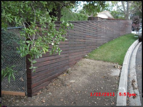 Steep Gardens, Corrugated Metal Fence, Wood Fence Design, Sloped Yard, Modern Fence Design, Horizontal Fence, Backyard Privacy, Fence Styles, Patio Fence