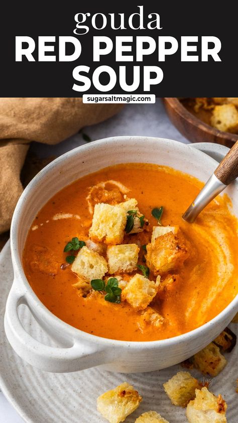 Creamy and cheesy with a little tang, this roasted red pepper gouda soup is so quick and easy to make and perfectly comforting for any night in. This roasted red pepper and gouda soup is perfect for when you want something delicious and cosy but don't have much time. Ready in less than 30 minutes, it's slightly creamy, cheesy and has the perfect amount of tang and sweetness from roasted red peppers. Roasted Red Pepper Tomato And Smoked Gouda Bisque, Smoked Gouda And Red Pepper Soup, Roasted Red Pepper And Tomato Soup With Gouda, Red Pepper Soup With Gouda, Roasted Pepper And Gouda Soup, Red Pepper Tomato Bisque, What To Make With Roasted Red Peppers, Roasted Red Pepper And Smoked Gouda Soup, Roasted Red Pepper Soup With Gouda