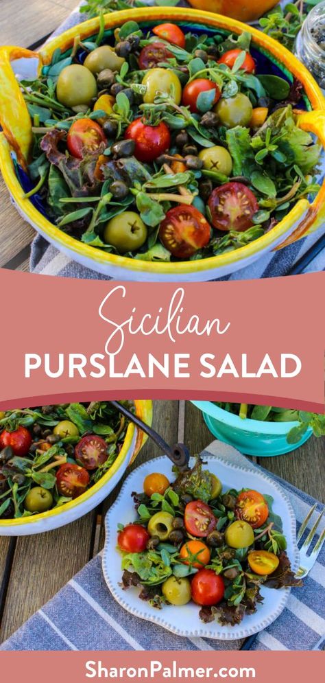 Purslane Salad Recipe, Purslane Plant Recipes, Vegan Sicilian Recipes, Purslane Recipes, Purslane Recipe, Herbs Magic, Garden Meals, Balsamic Vinegar And Olive Oil, Purslane Plant