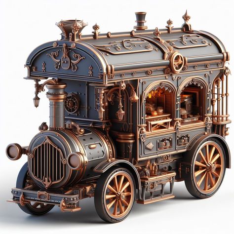 Steampunk Automobile, Steampunk Decor Diy, Cool Water Slides, Steampunk Train, Steampunk Vehicles, Science Gadgets, Steampunk Illustration, Steampunk Vehicle, Steampunk City