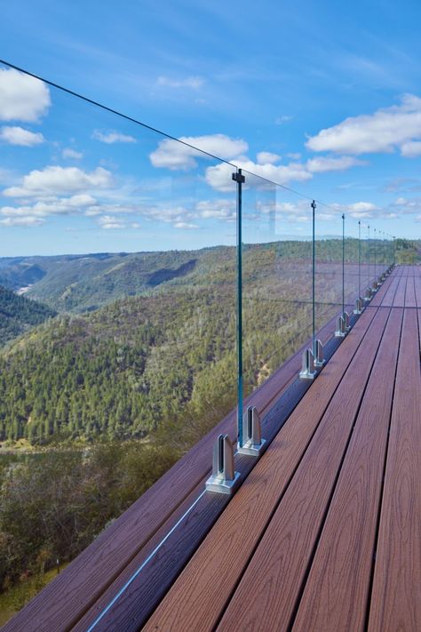 Invisible Glass Railing on a Mountainside Home - Viewrail Glass Balcony Railing, Glass Railing Deck, Balcony Glass Design, Glass Handrail, Steel Railing Design, Glass Railing System, Patio Railing, Deck Railing Design, Glass Fence