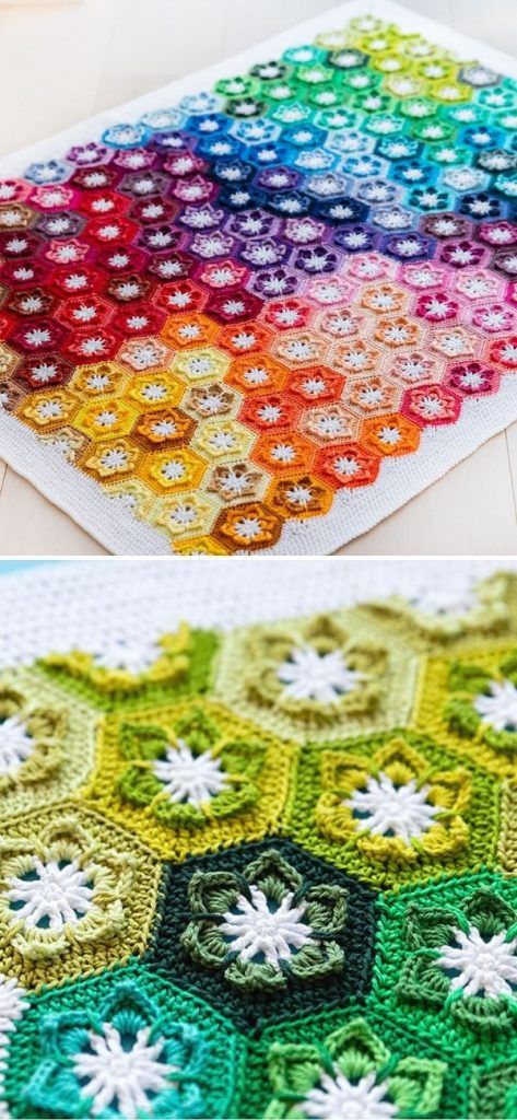 Rainbow Hexagon Crochet Blanket, Hexagon Flower Crochet Pattern, Crochet Patterns Hexagon, Flower Crochet Hexagon, Crocheted Hexagon Pattern, Hexagon Flower Crochet, Scheepjes Colour Pack Patterns, Crochet Blanket Center Start, Crochet Hexagon Blanket Pattern Free