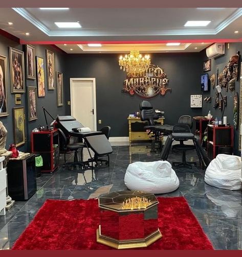 Tattoo Studio Furniture, Tattoo Shop Grand Opening Ideas, Tattoo Salon Design Ideas, Tattoo Shop Interior Design Studios, Tattoo Shops Interior Design, Tattoo Shop Decor Ideas, Modern Tattoo Shop Interior, Tattoo Shop Interior Design, Tattoo Room Studio