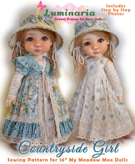 Countryside Girl, Girls Pdf Sewing Patterns, Bjd Dress, Vintage Doll Dress, Pinafore Pattern, Sewing Hats, Doll Clothes Pattern, Sewing Doll Clothes, Sewing Patterns Girls