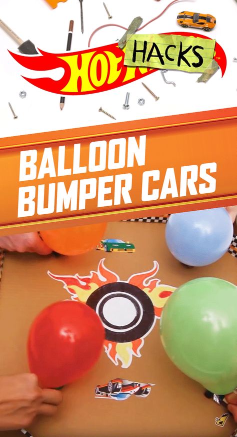 Give kids’ competitive spirits a boost with Balloon Bumper Cars. Kids can make their own aren a with a pizza box, washi tape and stickers. Then, kids can inflate balloons, tape them to Hot Wheels cars, and then let them go to see who is the last one standing. Find details on how to build this indoor party game on our DIY Hot Wheels Hot Hacks video here. Hot Wheels Party Activities, Hot Wheels Birthday Party Activities, Hot Wheels Birthday Party Games, Hot Wheels Birthday Party Ideas Diy, Hot Wheels Party Games, Hot Wheels Party Food, Cars Birthday Party Games, Hot Wheels Birthday Party Ideas, Hot Wheels Themed Birthday Party