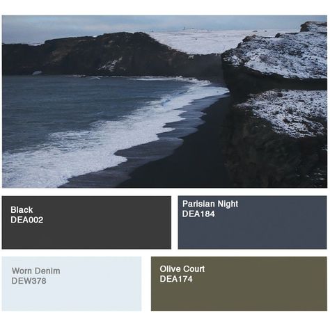 Coastal surroundings provide the inspiration for winter color crush palette number two. This deeply moody color palette reminds us that while winter days may be short, they are no less magical than those of summer. Winter colors here include dark and light blue, black and olive green. #myDEcolor #DEpaints #DunnEdwards #Wintercolors #Colorpalettes #Paintcolors #ColorInspo #Exteriorcolors #Moddycolors #Snow Color Palette Nautical, Light Blue And Black Color Palette, Moody Coastal Color Palette, Dark Coastal House, Moody Coastal Aesthetic, Dark Coastal Decor, Dark Coastal Bedroom, Moody Coastal Decor, Black And Blue Color Palette