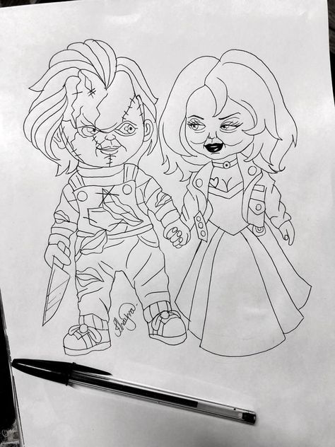 Cartoon Horror Characters Tattoo, Chucky Tattoo Outline, Chuckie Drawing, Chucky Drawing Outline, How To Draw Chucky, Chucky Drawing Pencil, Chucky Painting Canvas, Bride Of Chucky Drawing, Chucky Drawing Easy