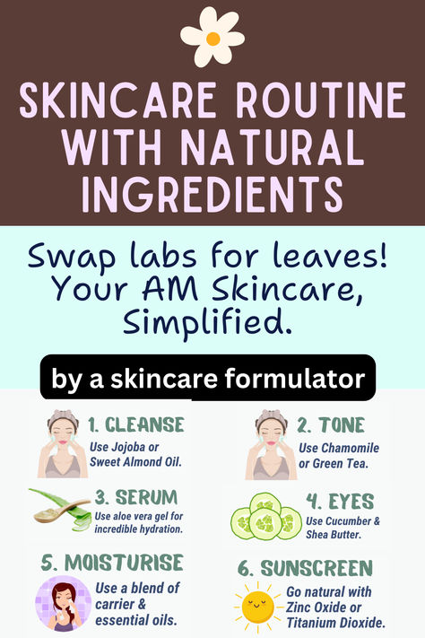 Images and text going through a skincare routine with natural ingredients only. Text reads: Skincare routine with natural ingredients. Swap labs for leaves. Your AM skincare, simplified. By a skincare formulator. Skin Care Solutions Natural, Morning Face Routine Skin Care, Daily Facial Routine, Natural Ingredients For Skin, Natural Wrinkle Remedies, Am Skincare, Healthy Hygiene, Skin Care Soap, Crunchy Life