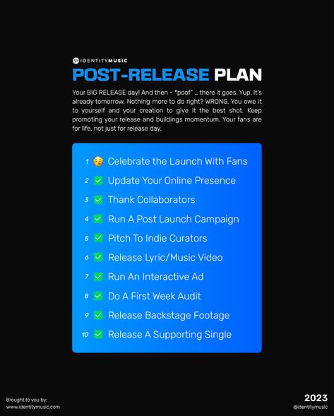 Post-release plan is out! When you thought you were done promoting your release... #postrelease #newrelease #releaseplan #releasepromotion Spotify Outline, Artist Management Music, Music Basics, Marketing Examples, Music Release, Music Theory Lessons, Music Marketing, Launch Campaign, Album Diy