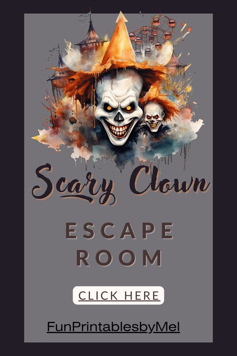 This pin has a scary clown with the words "Scary Clown Escape Room." It is a 12 puzzle Escape Room for kids. Halloween Escape Room, Creepy Carnival, Scary Clown, Insane Clown, Escape Rooms, Scary Clowns, Escape Room, Scary Halloween, Room Diy