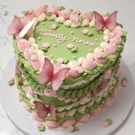 Twenty-noine! 2️⃣9️⃣ - Cake Details - Size: Standard 7” (two layers) Add-ons: Pink butterflies (edible) + pearls (edible) #newgirl #twentynoine #29 #emmacakesseattle #custom #customcakes #cakes #seattle #seattlecakes #heartcake #vintagecake Green Butterfly Cake, Green Cake Butterfly, Pink Cake With Butterflies, Vintage Cake With Butterflies, Floral Cake With Butterflies, New Girl, Birthday Cake, Cake, Birthday