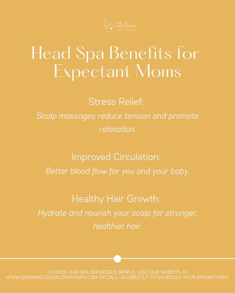 Expectant mothers deserve extra care and attention, and our spa services are designed with your well-being in mind. From gentle facials to relaxing headspa treatments, all of our services are safe and tailored to meet your unique needs during pregnancy. The Greenhouse Salon + Head Spa⁠ Hair Care, Skin Care + Head Spa⁠ 📍 300 E Blackstock Rd Suite C, Spartanburg SC 29301⁠ 📲 864-804-6145⁠ 🌐 greenhousesalonandheadspa.com Hair Highlights, Blow Dry, Spartanburg, Balayage, Best Hair Salon, Ha... Therapy Business, Massage Therapy Business, Head Spa, Spa Hair, Spartanburg Sc, Reduce Tension, Best Hair Salon, The Greenhouse, Improve Circulation