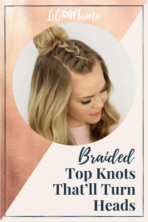 Want to try a fun braided top knot that'll turn heads? Try these super cute styles! #LifeAsMama #topknot #braids #braidedtopknot Braid From Bottom To Top, Top Braid Ponytail, Braid Top Of Head, Braid On Top Of Head, Braid On Top, Tutorial Chignon, Hair Knot Tutorial, Top Knot Tutorial, Head Braid