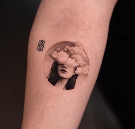 Banksy Style Tattoo, Painting Tattoo Black And White, Mind Blown Tattoo, Small Surrealism Tattoo, Clouded Mind Tattoo, Fine Line Tricep Tattoo, Woman Screaming Tattoo, Feminist Tattoos Ideas, Small Surreal Tattoo