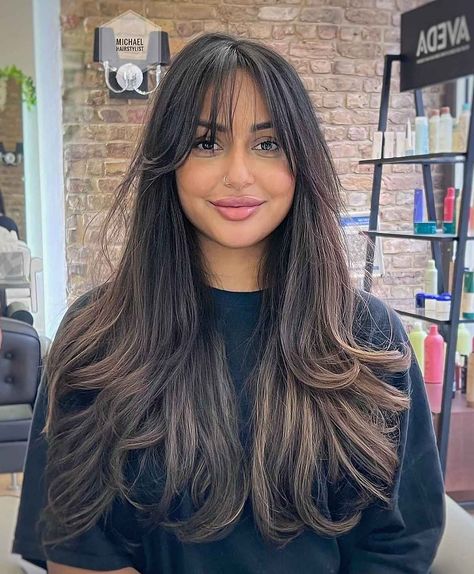 24 Ultimate Ways to Get Long Bangs for Long Hair Hairstyles With Curtain Bangs, Curtain Bangs Long Hair, Bangs Long Hair, Layered Hair With Bangs, Bangs With Medium Hair, Hairstyles For Layered Hair, Long Layered Haircuts, Long Dark Hair, Long Bangs