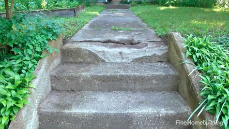 Learn how to prepare the existing surface, mix, apply, and finish a concrete patch. Resurface Concrete Steps, Stairs Repair, Concrete Step, Cement Steps, Landscape Bricks, Deck Framing, Art Shed, Concrete Resurfacing, Concrete Walkway