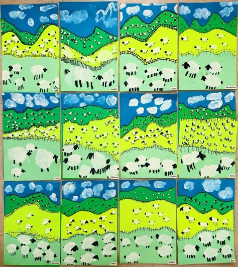 1st Grade LAMBscapes! Soooo stinkin’ cute!! 🐑🐑🐑 We learned how to create space using foreground, middleground, and background. You just kn… | Instagram Day 1 Art Lesson, Grade 5 Craft Ideas, Art Ideas Primary School, Spring Art Grade 1, Rodeo Art Elementary, Art Projects For 1st Grade, Art For Kindergarteners, Kinder Art Projects, Grade 3 Art Projects