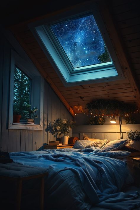 Contemporary Bedrooms with Skylight Views of the Night Sky Skylight Bedroom, Skylight Room, Small Attic Bedroom, Skylight Design, Contemporary Bedrooms, Beautiful Night Sky, Small Attic, Tiny House Loft, Light Hardwood Floors