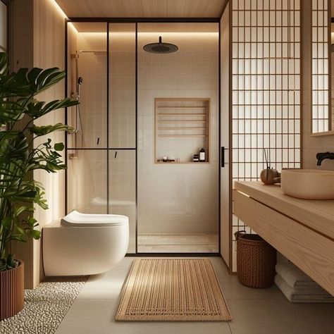 🌿 Embrace tranquility with this Japandi bathroom, where the serenity of a Japanese spa meets Scandinavian minimalism. The natural textures and a soothing palette illustrate a Japandi bathroom design that's both elegant and grounding. From the Japandi shower space to the sleek Japanese toilet, every detail is curated for a harmonious retreat. Transform your daily routine into a Zen experience. #JapandiBathroom #ZenBathroom #ScandinavianMinimalism #JapaneseToilet #JapandiDesign Japandi Bathroom Design, Japandi Bathroom, Japandi House, Japanese Spa, Japanese Bathroom, Minimal Bathroom, Japandi Interior Design, Japandi Interiors, Zen Bathroom