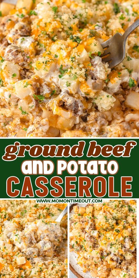 This easy Ground Beef Casserole with potatoes is the ultimate comfort food that is perfect for busy weeknights! Hearty and delicious, this cheesy ground beef casserole recipe is a crowd pleaser with its savory beef, tender potatoes, creamy mushrooms and crunchy Panko topping. | MomOnTimeout.com Scalloped Potato Casserole Ground Beef, Breakfast Casserole With Ground Beef, Ground Beef Cream Of Mushroom Recipes, Casserole With Hamburger Meat, Ground Meat Casserole Recipes, Easy Casseroles For A Crowd, Ground Beef Casserole Recipes Easy, Ground Beef And Potato Recipes, Casseroles With Ground Beef