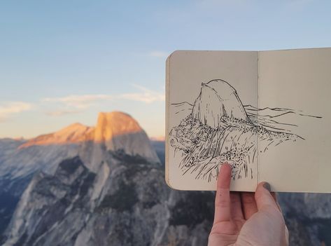 Sketchbook pen drawing of Half Dome in Yosemite by artist Rachel Fisher Yosemite Drawing, Dome Drawing, Adventure Sketch, Travel Sketching, Pen Sketches, Seattle Art Museum, Art Adventure, Gear Art, Seattle Art