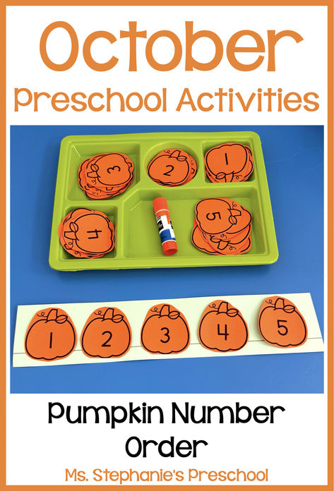 October Preschool Activities - Pumpkin Number Order Preschool Math Halloween Activities, Spooky Week Preschool, Fall Math Games For Preschoolers, Halloween Preschool Circle Time Activities, Pumpkins And Scarecrows Preschool, Fall Math For Preschool, Active Me Preschool Activities, Counting Halloween Activity, November Fine Motor Preschool